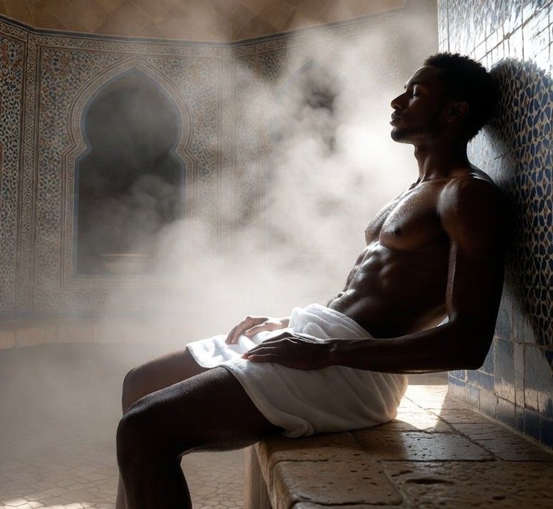 Athlete relaxing in a Moroccan hammam steam room