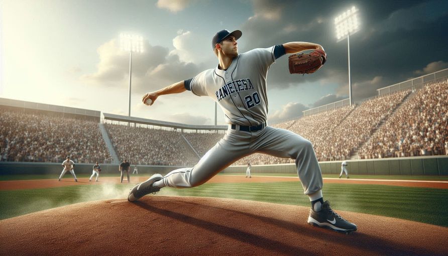 collegiate baseball pitcher mid-throw, dynamic motion, stadium background