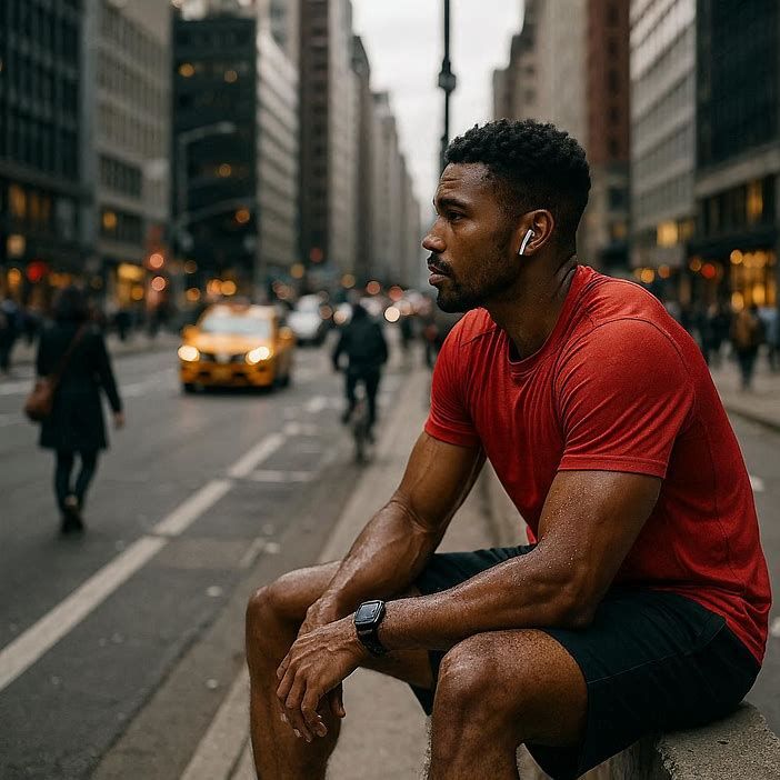 An athlete resting post-training while observing a busy urban street scene